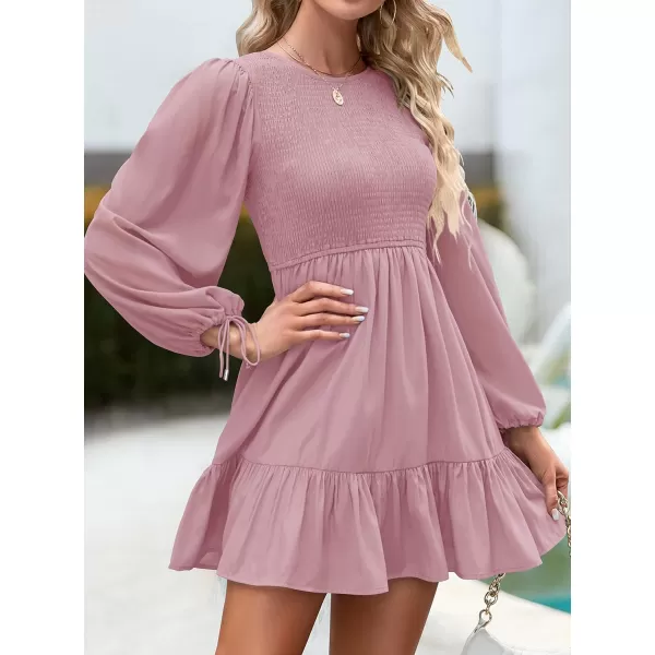 imageZESICA Womens 2023 Fall Dress Long Sleeve Smocked Casual Crew Neck Tiered Flowy Wedding Party Mini DressesPinkpurple
