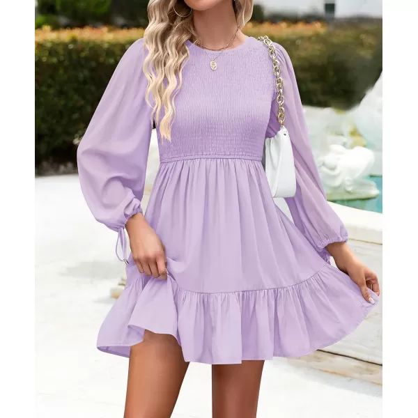 imageZESICA Womens 2023 Fall Dress Long Sleeve Smocked Casual Crew Neck Tiered Flowy Wedding Party Mini DressesPurple