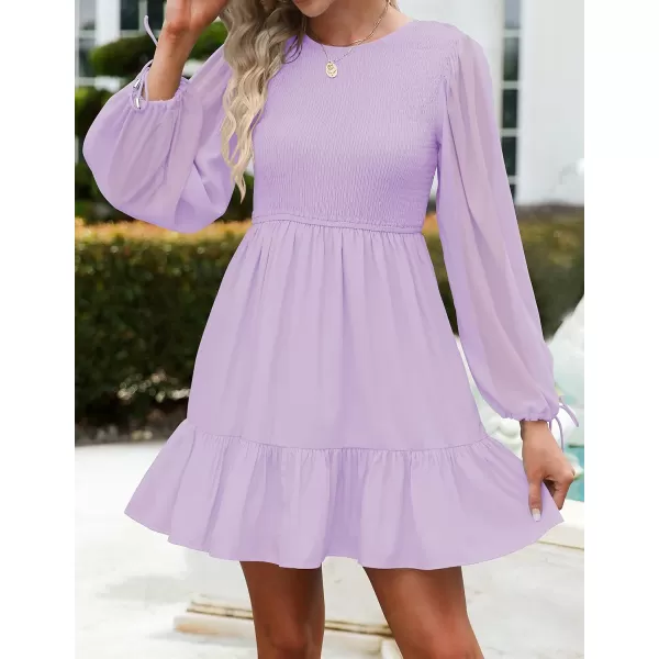 imageZESICA Womens 2023 Fall Dress Long Sleeve Smocked Casual Crew Neck Tiered Flowy Wedding Party Mini DressesPurple