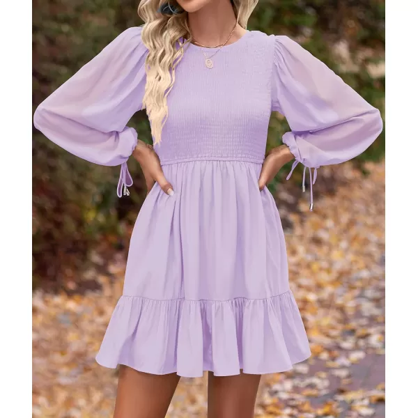 imageZESICA Womens 2023 Fall Dress Long Sleeve Smocked Casual Crew Neck Tiered Flowy Wedding Party Mini DressesPurple