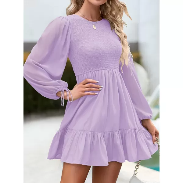 imageZESICA Womens 2023 Fall Dress Long Sleeve Smocked Casual Crew Neck Tiered Flowy Wedding Party Mini DressesPurple