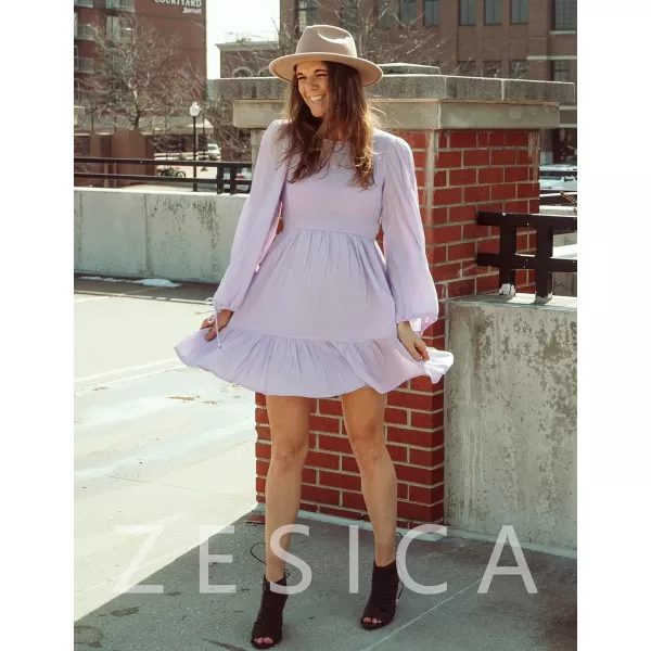 imageZESICA Womens 2023 Fall Dress Long Sleeve Smocked Casual Crew Neck Tiered Flowy Wedding Party Mini DressesPurple