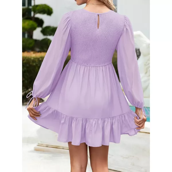 imageZESICA Womens 2023 Fall Dress Long Sleeve Smocked Casual Crew Neck Tiered Flowy Wedding Party Mini DressesPurple