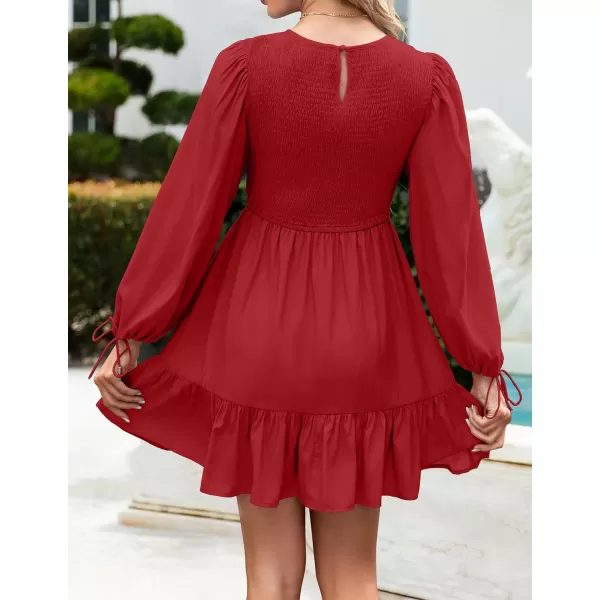 imageZESICA Womens 2023 Fall Dress Long Sleeve Smocked Casual Crew Neck Tiered Flowy Wedding Party Mini DressesRed