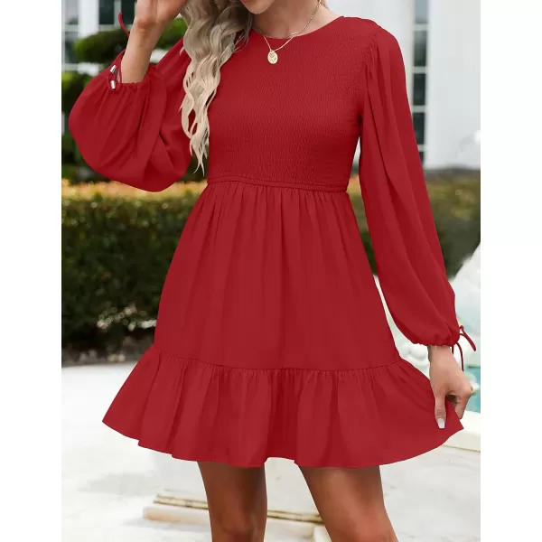 imageZESICA Womens 2023 Fall Dress Long Sleeve Smocked Casual Crew Neck Tiered Flowy Wedding Party Mini DressesRed