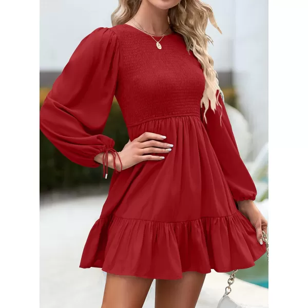 imageZESICA Womens 2023 Fall Dress Long Sleeve Smocked Casual Crew Neck Tiered Flowy Wedding Party Mini DressesRed
