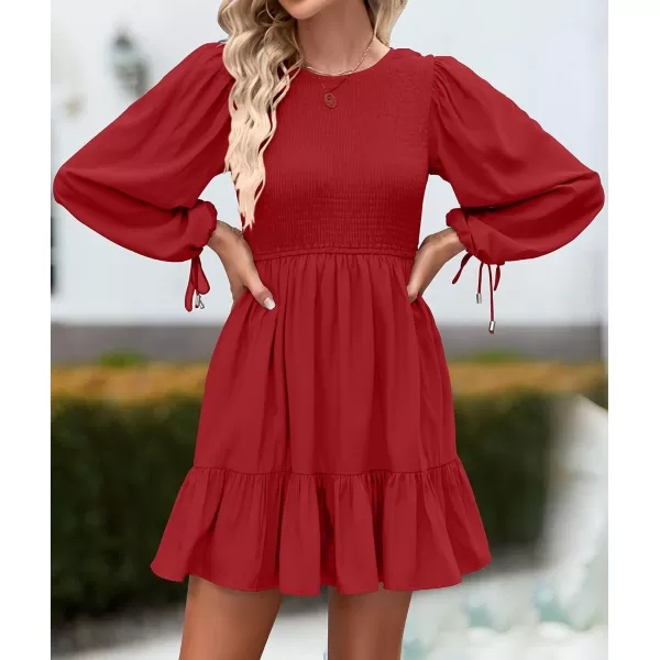 imageZESICA Womens 2023 Fall Dress Long Sleeve Smocked Casual Crew Neck Tiered Flowy Wedding Party Mini DressesRed