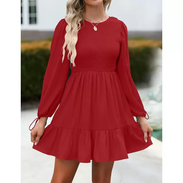 imageZESICA Womens 2023 Fall Dress Long Sleeve Smocked Casual Crew Neck Tiered Flowy Wedding Party Mini DressesRed