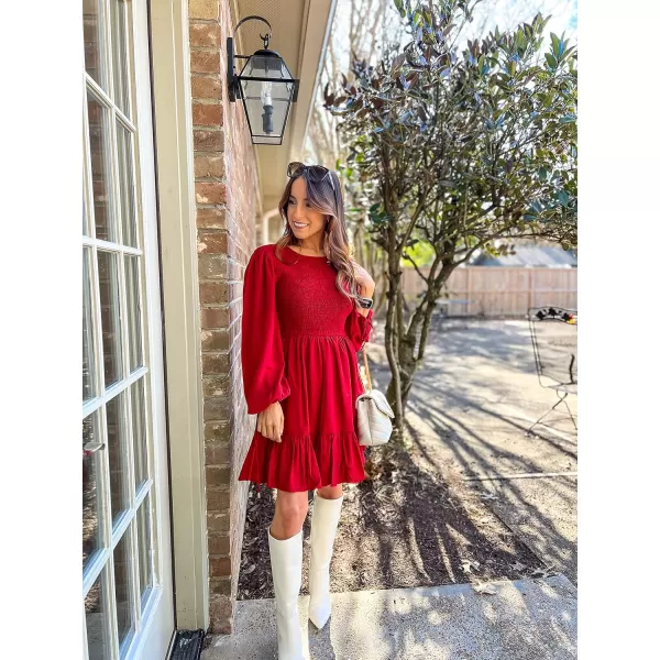 imageZESICA Womens 2023 Fall Dress Long Sleeve Smocked Casual Crew Neck Tiered Flowy Wedding Party Mini DressesRed