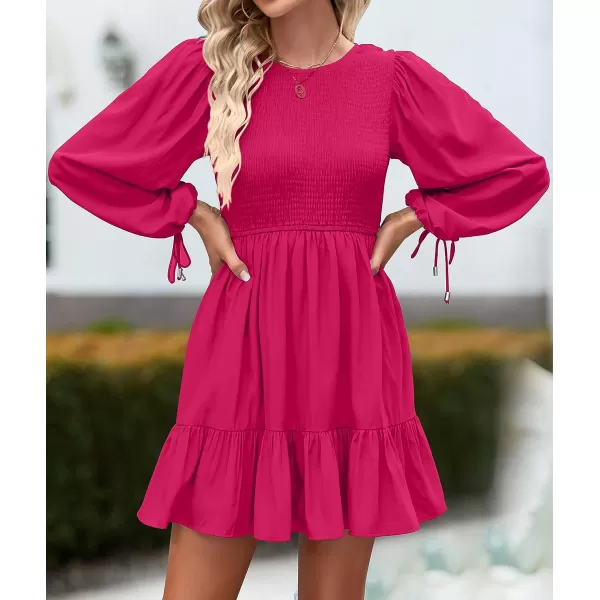 imageZESICA Womens 2023 Fall Dress Long Sleeve Smocked Casual Crew Neck Tiered Flowy Wedding Party Mini DressesRose