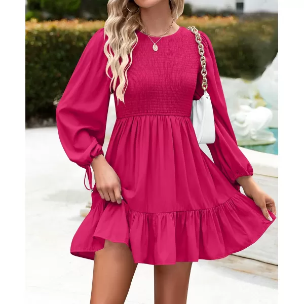 imageZESICA Womens 2023 Fall Dress Long Sleeve Smocked Casual Crew Neck Tiered Flowy Wedding Party Mini DressesRose