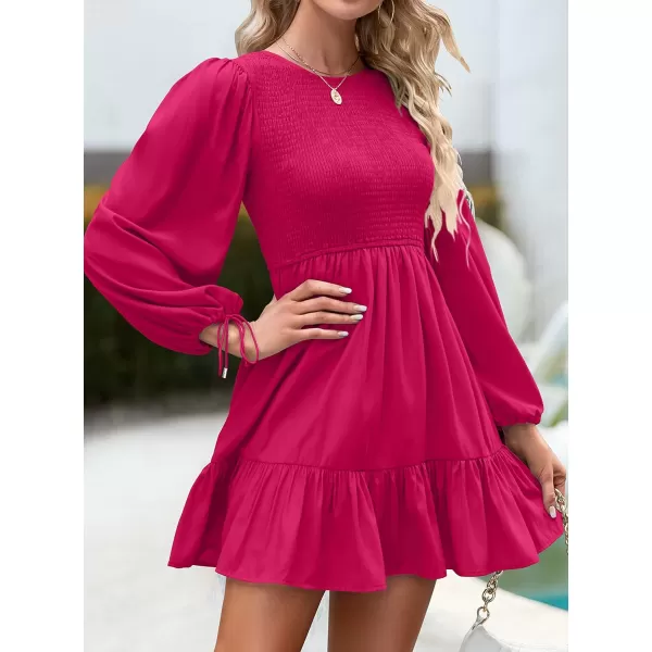 imageZESICA Womens 2023 Fall Dress Long Sleeve Smocked Casual Crew Neck Tiered Flowy Wedding Party Mini DressesRose