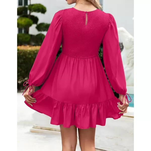 imageZESICA Womens 2023 Fall Dress Long Sleeve Smocked Casual Crew Neck Tiered Flowy Wedding Party Mini DressesRose