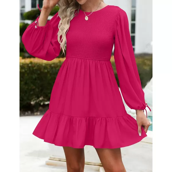 imageZESICA Womens 2023 Fall Dress Long Sleeve Smocked Casual Crew Neck Tiered Flowy Wedding Party Mini DressesRose