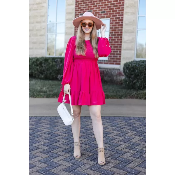 imageZESICA Womens 2023 Fall Dress Long Sleeve Smocked Casual Crew Neck Tiered Flowy Wedding Party Mini DressesRose