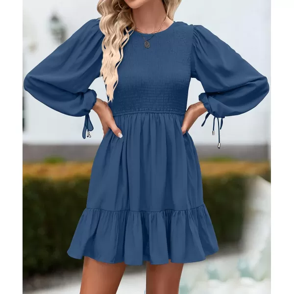 imageZESICA Womens 2023 Fall Dress Long Sleeve Smocked Casual Crew Neck Tiered Flowy Wedding Party Mini DressesRoyalblue