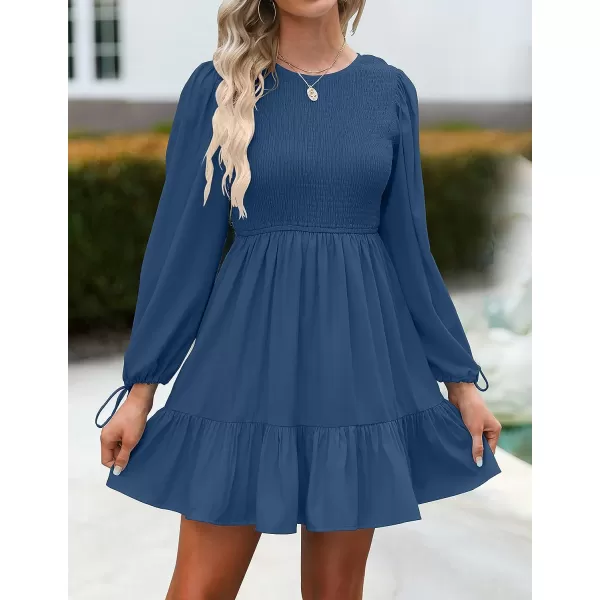 imageZESICA Womens 2023 Fall Dress Long Sleeve Smocked Casual Crew Neck Tiered Flowy Wedding Party Mini DressesRoyalblue