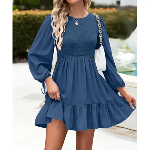 imageZESICA Womens 2023 Fall Dress Long Sleeve Smocked Casual Crew Neck Tiered Flowy Wedding Party Mini DressesRoyalblue