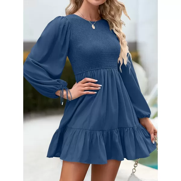 imageZESICA Womens 2023 Fall Dress Long Sleeve Smocked Casual Crew Neck Tiered Flowy Wedding Party Mini DressesRoyalblue