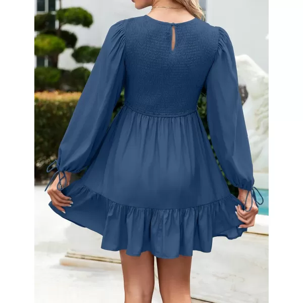 imageZESICA Womens 2023 Fall Dress Long Sleeve Smocked Casual Crew Neck Tiered Flowy Wedding Party Mini DressesRoyalblue