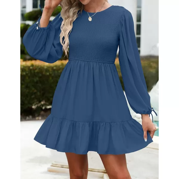 imageZESICA Womens 2023 Fall Dress Long Sleeve Smocked Casual Crew Neck Tiered Flowy Wedding Party Mini DressesRoyalblue