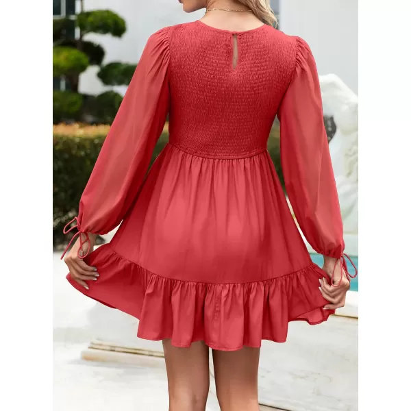 imageZESICA Womens 2023 Fall Dress Long Sleeve Smocked Casual Crew Neck Tiered Flowy Wedding Party Mini DressesWatermelon
