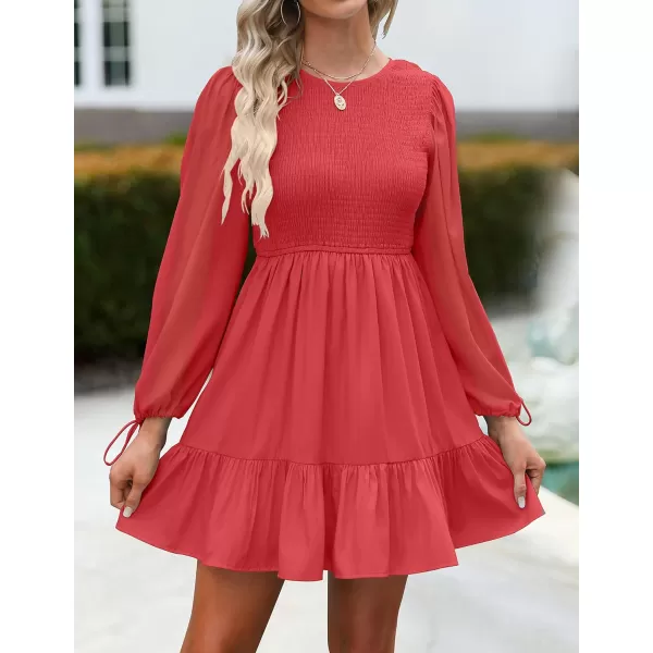 imageZESICA Womens 2023 Fall Dress Long Sleeve Smocked Casual Crew Neck Tiered Flowy Wedding Party Mini DressesWatermelon