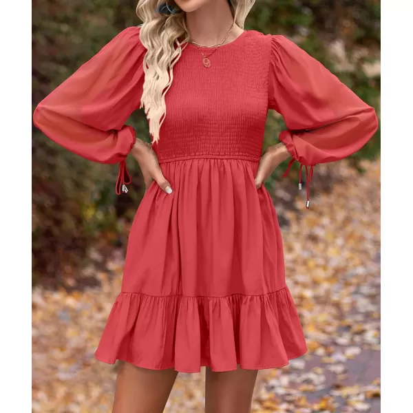 imageZESICA Womens 2023 Fall Dress Long Sleeve Smocked Casual Crew Neck Tiered Flowy Wedding Party Mini DressesWatermelon