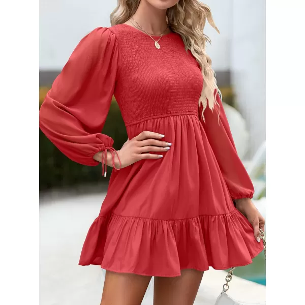 imageZESICA Womens 2023 Fall Dress Long Sleeve Smocked Casual Crew Neck Tiered Flowy Wedding Party Mini DressesWatermelon