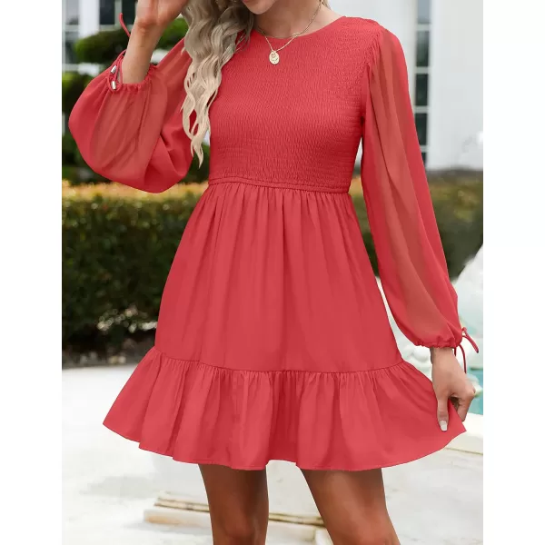 imageZESICA Womens 2023 Fall Dress Long Sleeve Smocked Casual Crew Neck Tiered Flowy Wedding Party Mini DressesWatermelon