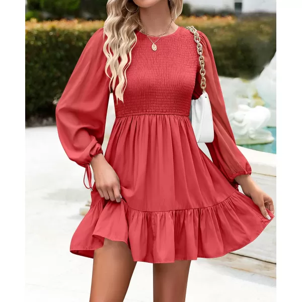 imageZESICA Womens 2023 Fall Dress Long Sleeve Smocked Casual Crew Neck Tiered Flowy Wedding Party Mini DressesWatermelon