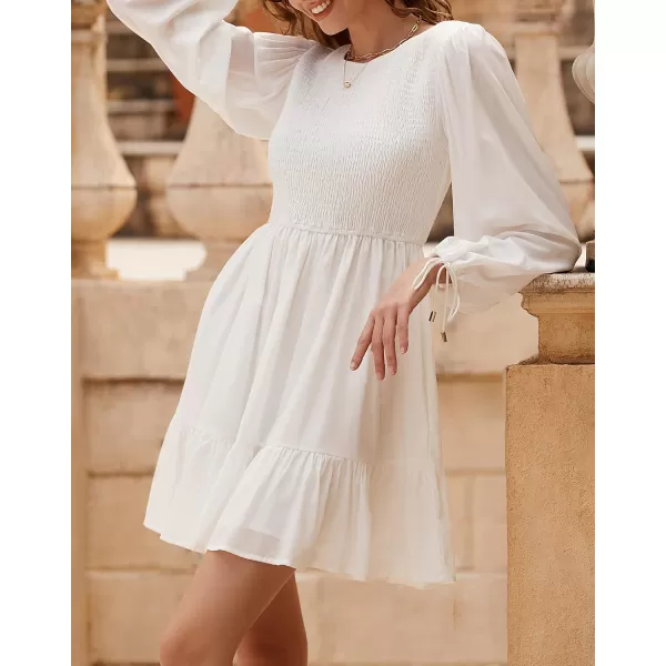 imageZESICA Womens 2023 Fall Dress Long Sleeve Smocked Casual Crew Neck Tiered Flowy Wedding Party Mini DressesWhite