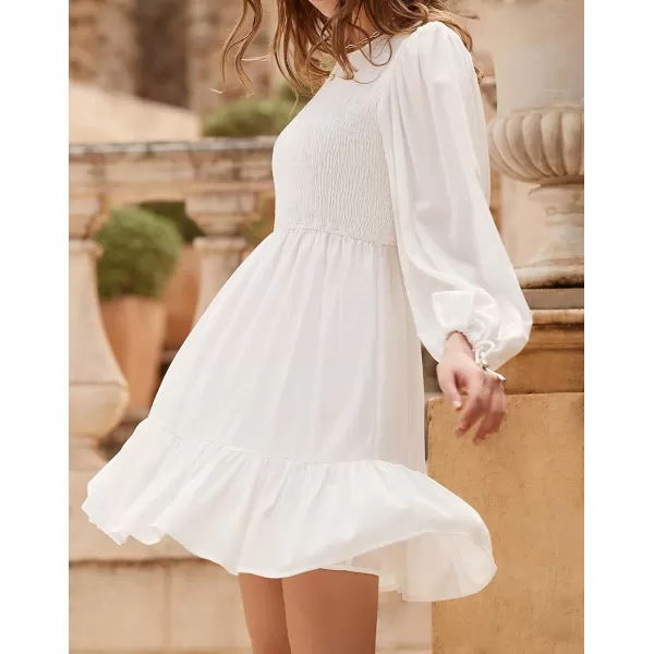 imageZESICA Womens 2023 Fall Dress Long Sleeve Smocked Casual Crew Neck Tiered Flowy Wedding Party Mini DressesWhite