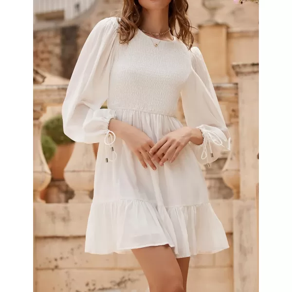 imageZESICA Womens 2023 Fall Dress Long Sleeve Smocked Casual Crew Neck Tiered Flowy Wedding Party Mini DressesWhite