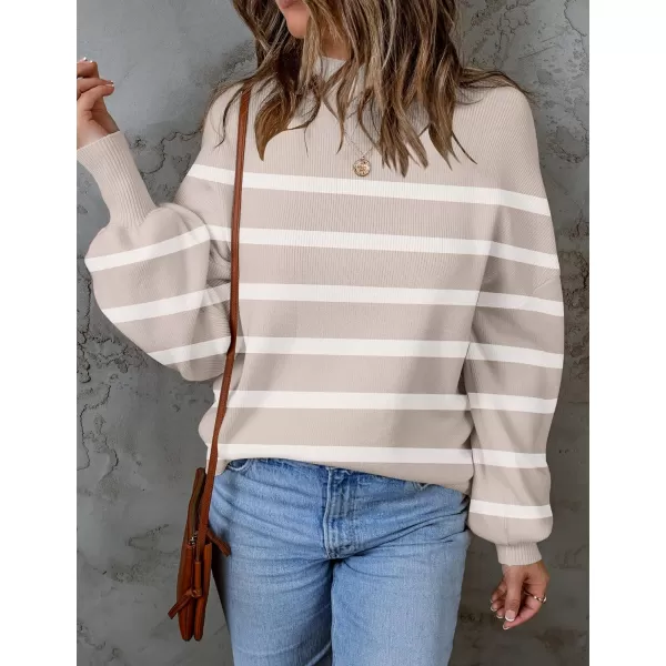 imageZESICA Womens 2023 Fall Fashion Turtleneck Long Sleeve Striped Ribbed Knit Loose Pullover Sweater TopsAlmond