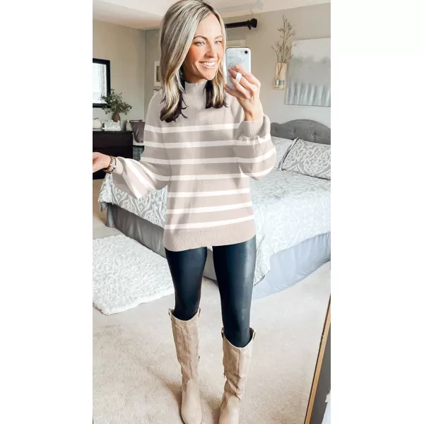 imageZESICA Womens 2023 Fall Fashion Turtleneck Long Sleeve Striped Ribbed Knit Loose Pullover Sweater TopsAlmond