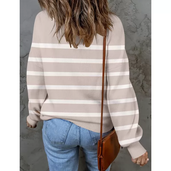 imageZESICA Womens 2023 Fall Fashion Turtleneck Long Sleeve Striped Ribbed Knit Loose Pullover Sweater TopsAlmond