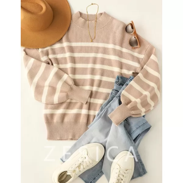 imageZESICA Womens 2023 Fall Fashion Turtleneck Long Sleeve Striped Ribbed Knit Loose Pullover Sweater TopsAlmond