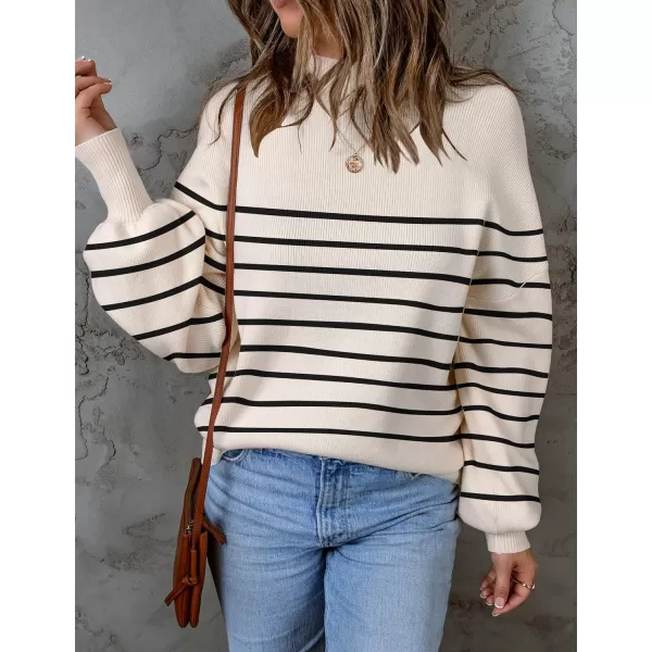 imageZESICA Womens 2023 Fall Fashion Turtleneck Long Sleeve Striped Ribbed Knit Loose Pullover Sweater TopsApricot