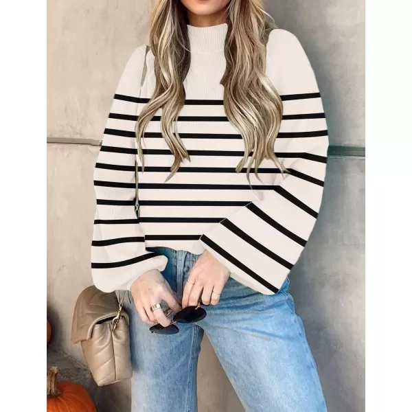 imageZESICA Womens 2023 Fall Fashion Turtleneck Long Sleeve Striped Ribbed Knit Loose Pullover Sweater TopsApricot