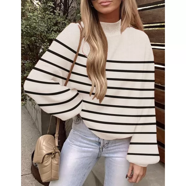imageZESICA Womens 2023 Fall Fashion Turtleneck Long Sleeve Striped Ribbed Knit Loose Pullover Sweater TopsApricot