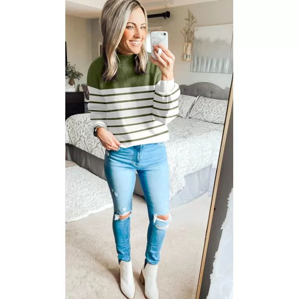 imageZESICA Womens 2023 Fall Fashion Turtleneck Long Sleeve Striped Ribbed Knit Loose Pullover Sweater TopsArmygreen