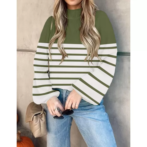 imageZESICA Womens 2023 Fall Fashion Turtleneck Long Sleeve Striped Ribbed Knit Loose Pullover Sweater TopsArmygreen
