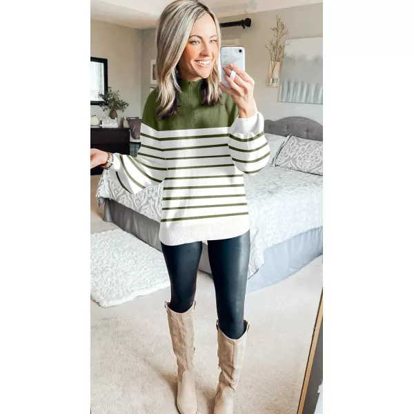 imageZESICA Womens 2023 Fall Fashion Turtleneck Long Sleeve Striped Ribbed Knit Loose Pullover Sweater TopsArmygreen