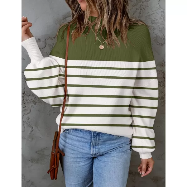 imageZESICA Womens 2023 Fall Fashion Turtleneck Long Sleeve Striped Ribbed Knit Loose Pullover Sweater TopsArmygreen
