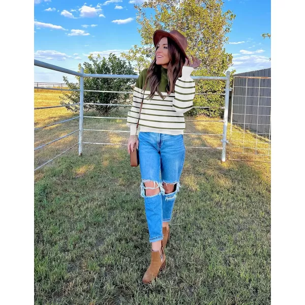 imageZESICA Womens 2023 Fall Fashion Turtleneck Long Sleeve Striped Ribbed Knit Loose Pullover Sweater TopsArmygreen