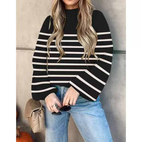 imageZESICA Womens 2023 Fall Fashion Turtleneck Long Sleeve Striped Ribbed Knit Loose Pullover Sweater TopsBlack