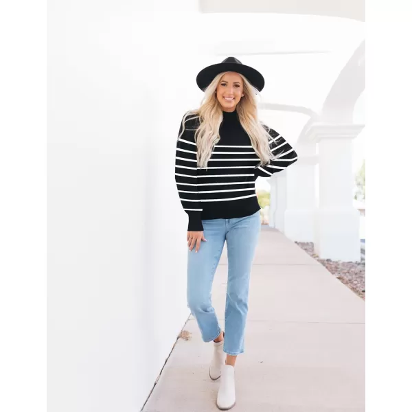 imageZESICA Womens 2023 Fall Fashion Turtleneck Long Sleeve Striped Ribbed Knit Loose Pullover Sweater TopsBlack