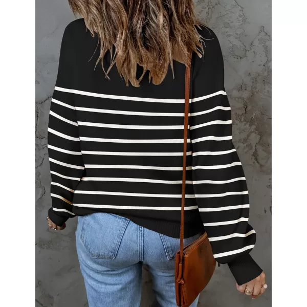 imageZESICA Womens 2023 Fall Fashion Turtleneck Long Sleeve Striped Ribbed Knit Loose Pullover Sweater TopsBlack