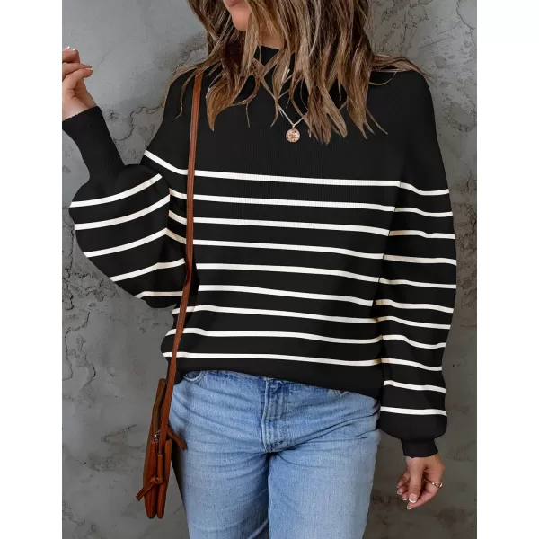 imageZESICA Womens 2023 Fall Fashion Turtleneck Long Sleeve Striped Ribbed Knit Loose Pullover Sweater TopsBlack
